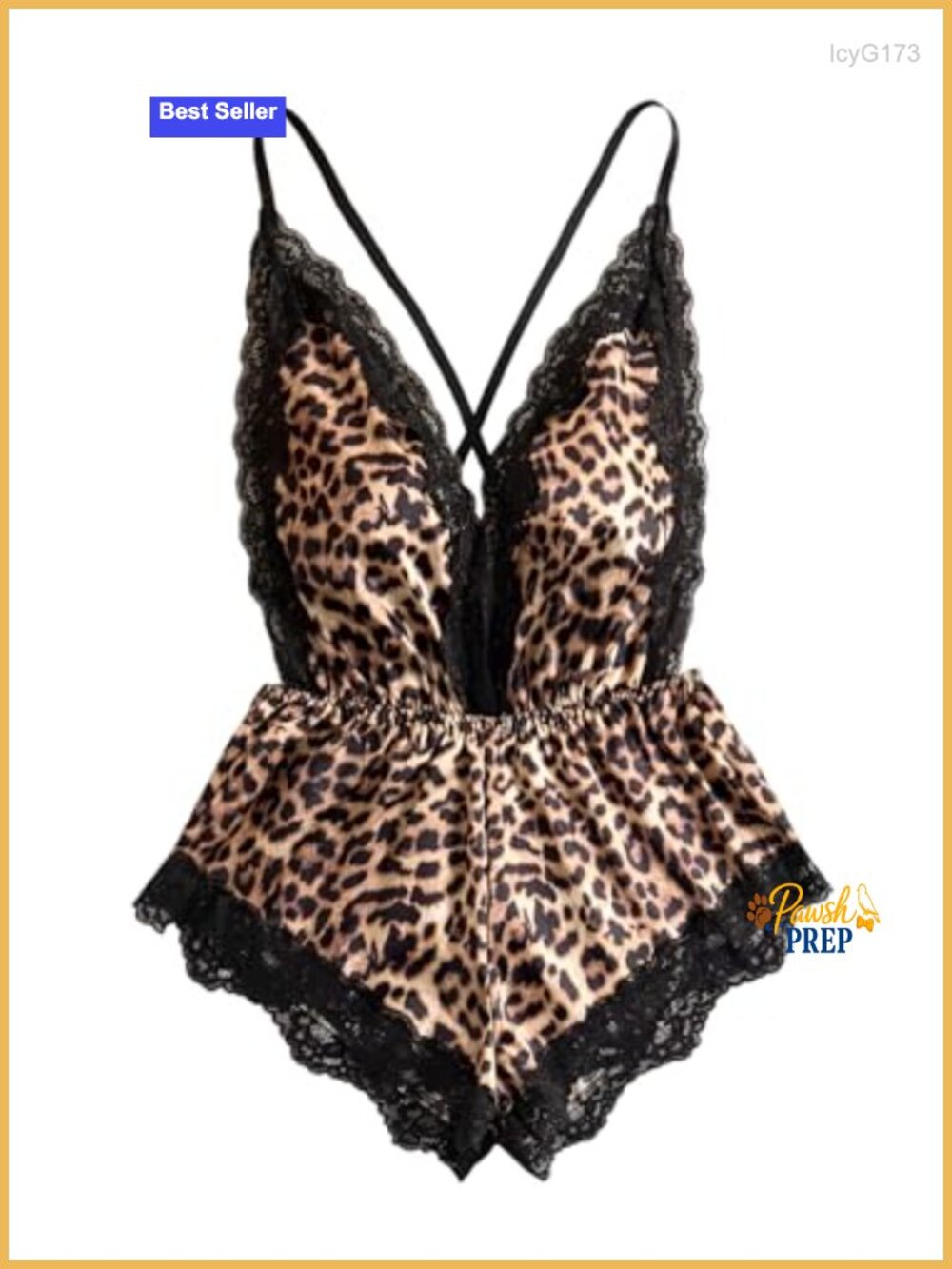 Satin Lingerie Bodysuit Romper Cheetah Print Lace Trim Criss Cross Backless